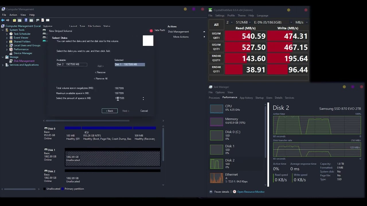 SAMSUNG EVO 870 2 TB SSD RAID PERFORMANCE TEST CRYSTALDISKINFO OxTECH