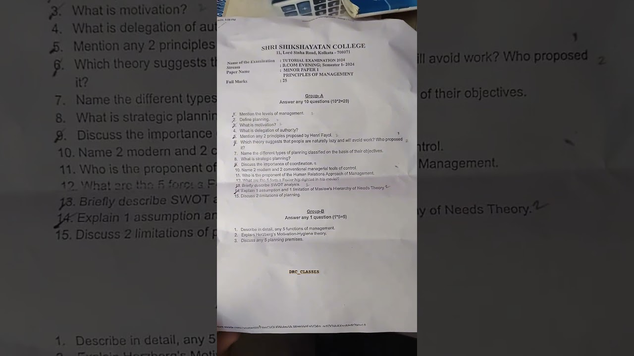 B. Com Principles of Management 1st semester question paper Calcutta University 2024-25