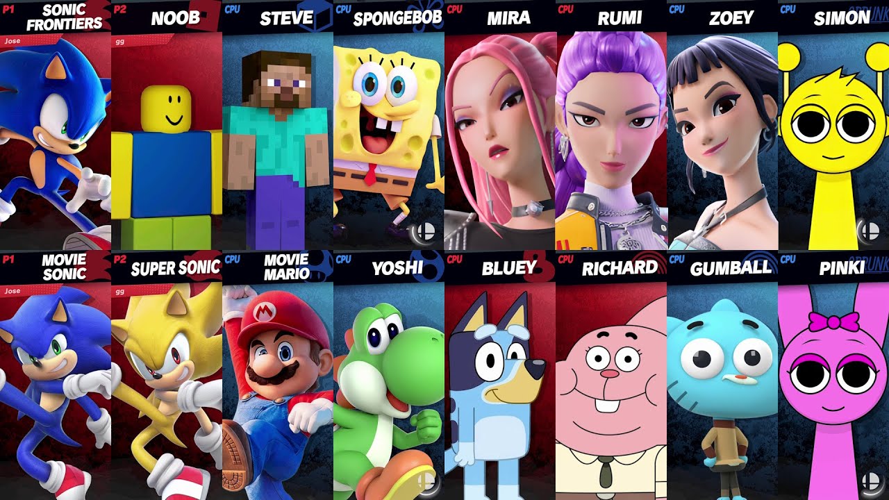 Sonic vs Mario vs Bluey vs SpongeBob vs Roblox vs Minecraft vs Fortnite | Super Smash Bros Ultimate