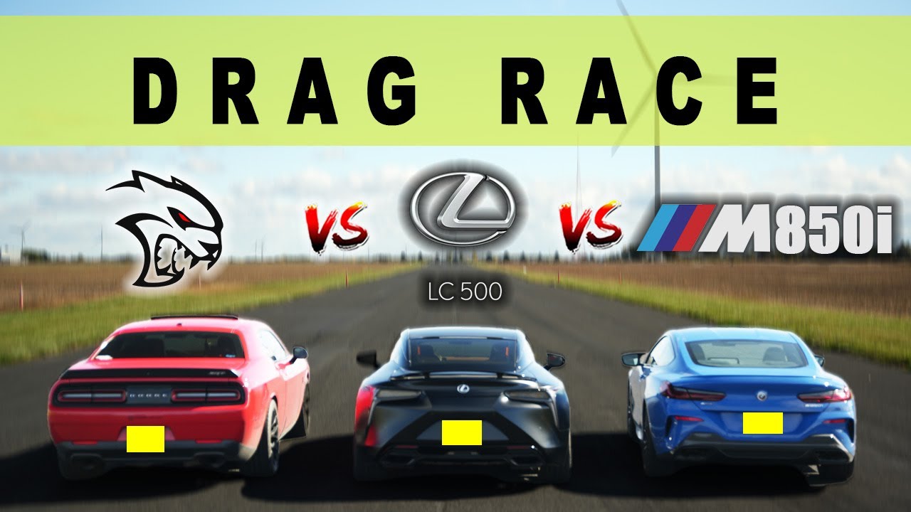 BMW M850i ​​2023 года против Lexus LC500 Coupe и Dodge Challenger SRT Hellcat, гонка Drag and Rol...