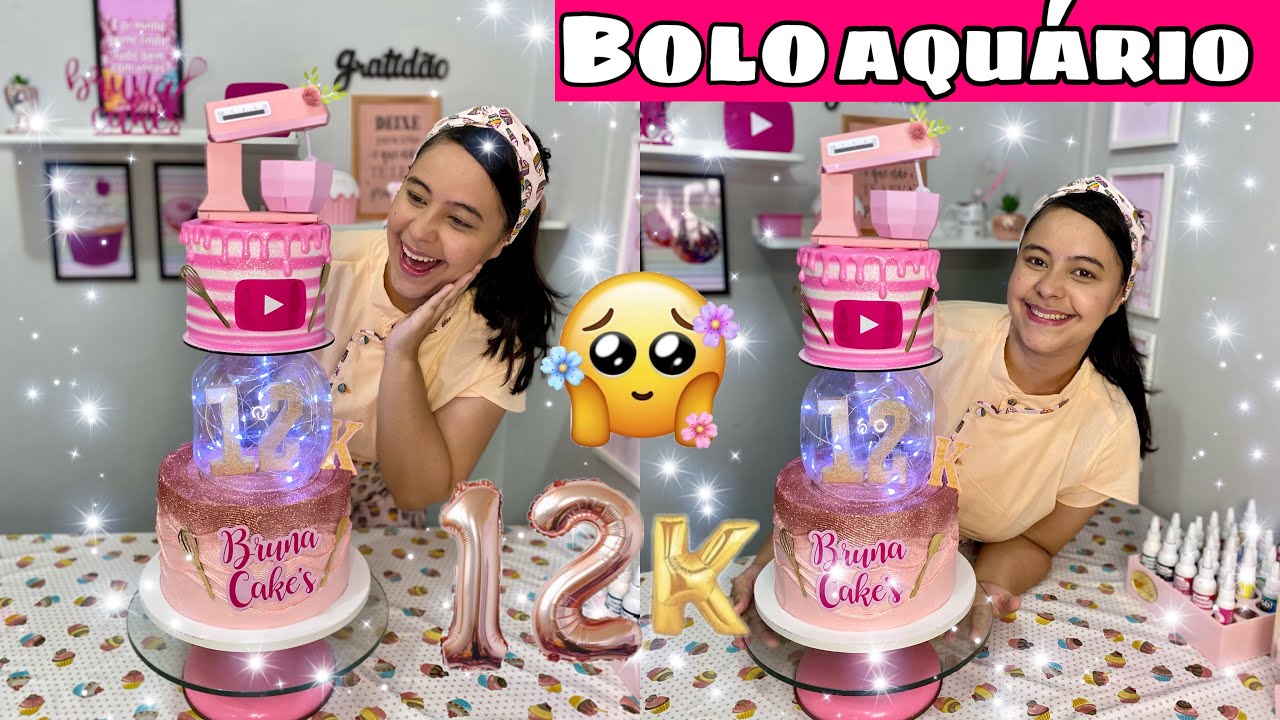 BOLO TENDÊNCIA COM AQUÁRIO 😍 Como fazer bolo aquário com LED 🔮Bolo tema Confeiteira e YouTube 🎥