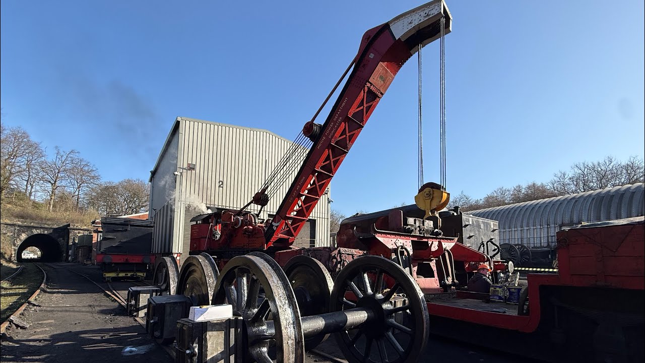 Using the Cowans Steam Crane to put Eric’s tender on its wheels.
