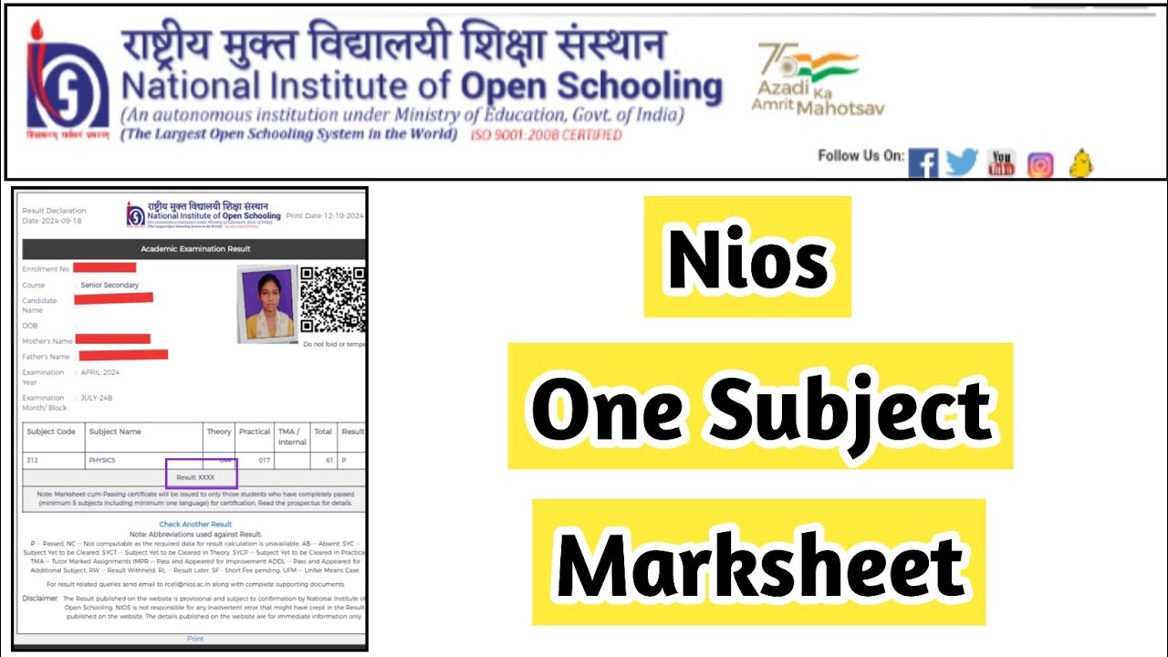 Nios One Subject Marksheet | Task Is Helping (NIOS) #nios #marksheet #xxxx #part #ode