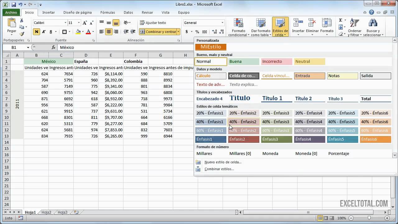 C&oacute;mo aplicar estilos de celda en Excel