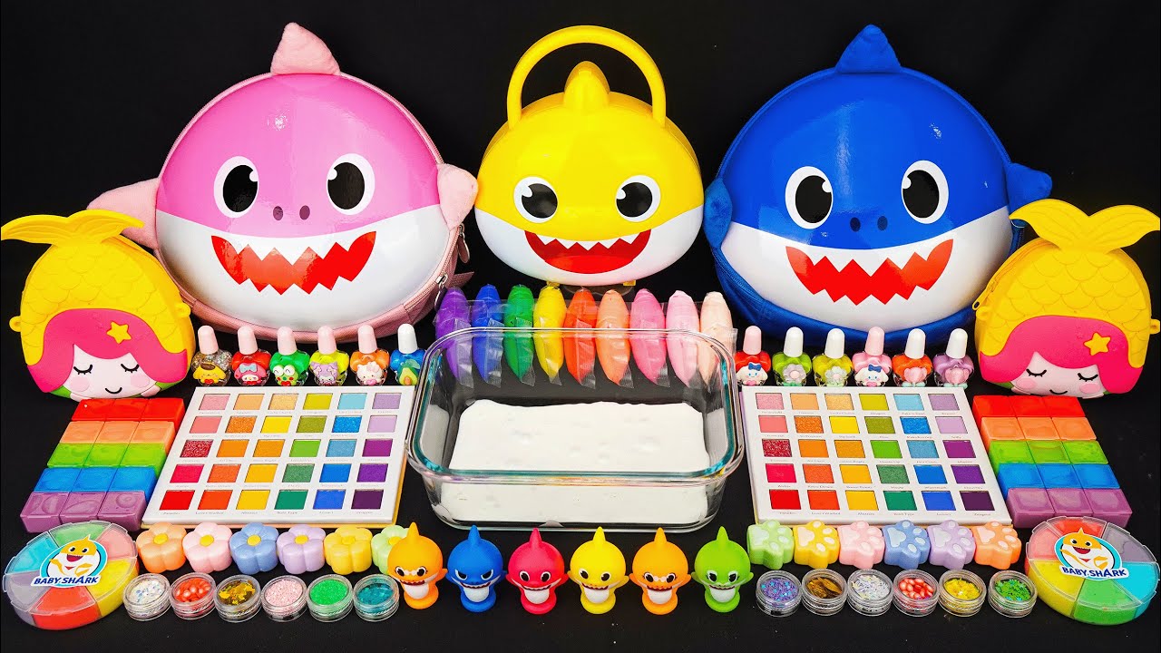 Satisfying Slime ASMR 🌈 Mixing Baby Shark Slime With Glitters & Eyeshadow Makeup Set ASMR