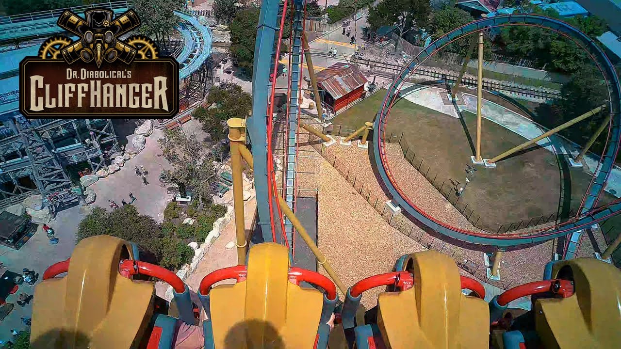 Dr Diabolical's Cliffhanger Dive Coaster Ride On POV Video at Six Flags Fiesta Texas Rollercoaster