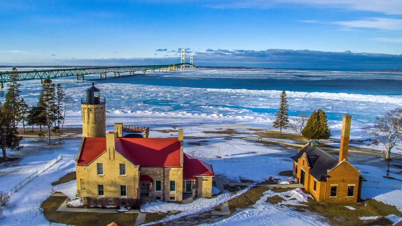 Flying Over The Icy Waters Of Mackinac Straits HD