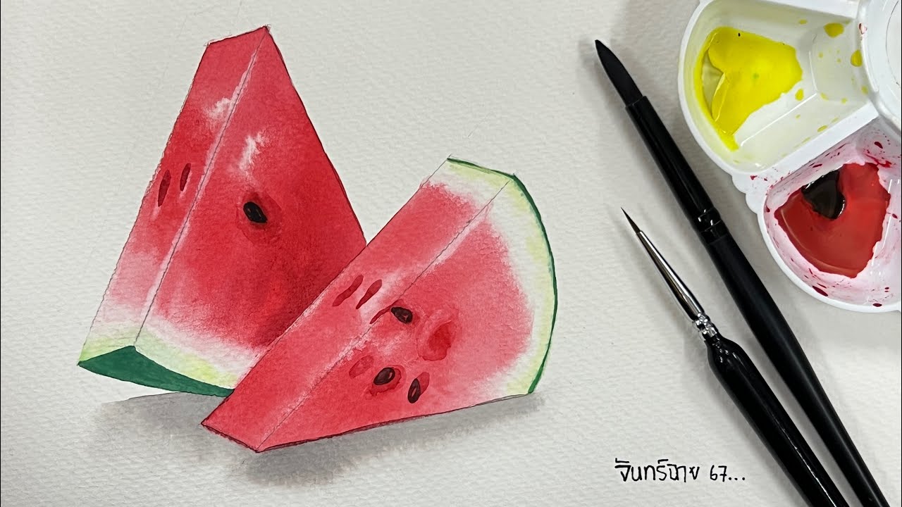 สอนวาดแตงโมสีน้ำง่ายๆ (WATERCOLOR:Painting watermelon)