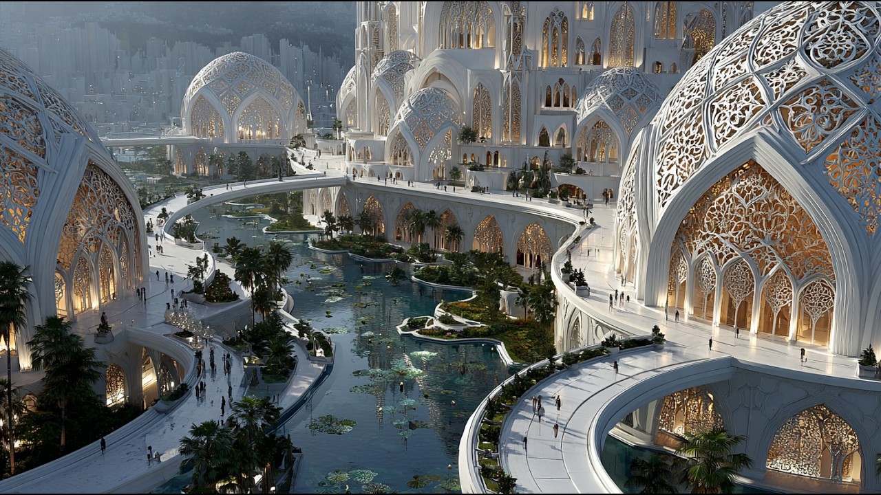 Enter a Heavenly Kingdom | Futuristic White, Blue & Gold AI Mansion Tour in 4K Ultra HD