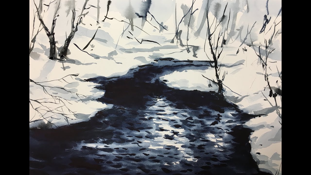 Watercolor Painting Winter Forest Landscap Akvarelmaling vinterlandskab