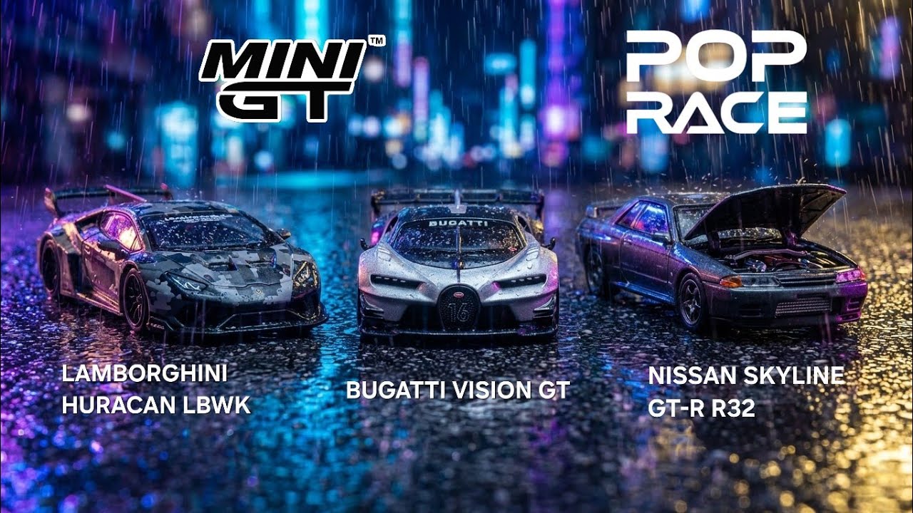 MINI GT LB WORKS LAMBORGHINI HURACAN GT, Bugatti Vision GT, & Pop Race Nissan Skyline GTR R32