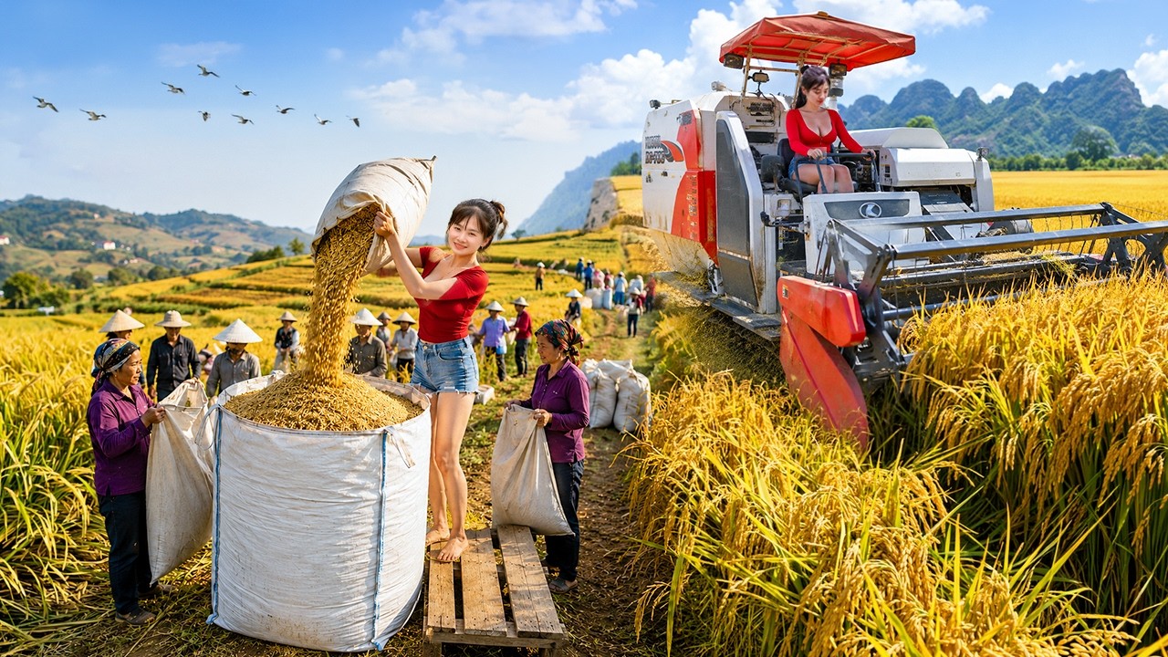 Harvesting Rice with High-Yield Combine Harvester | Massive Rice Harvest - Her Green Haven