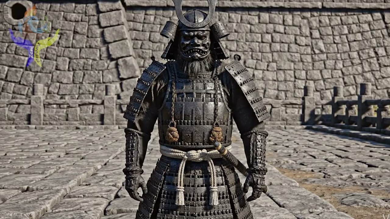 Samurai in Stone Courtyard – Fortress Stillness Under Open Sky