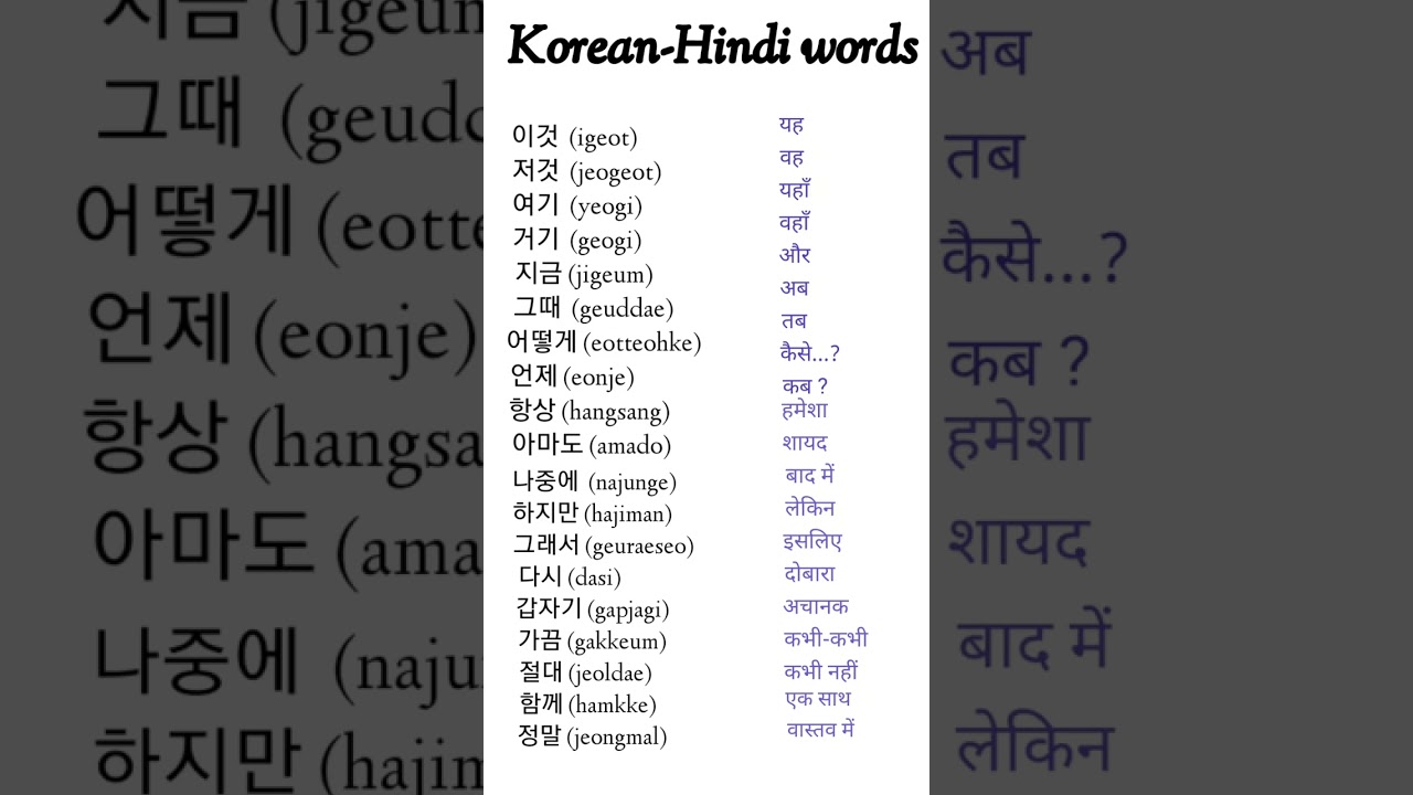 Korean-Hindi vocabulary/Korean-Hindi words #shorts #learning #language