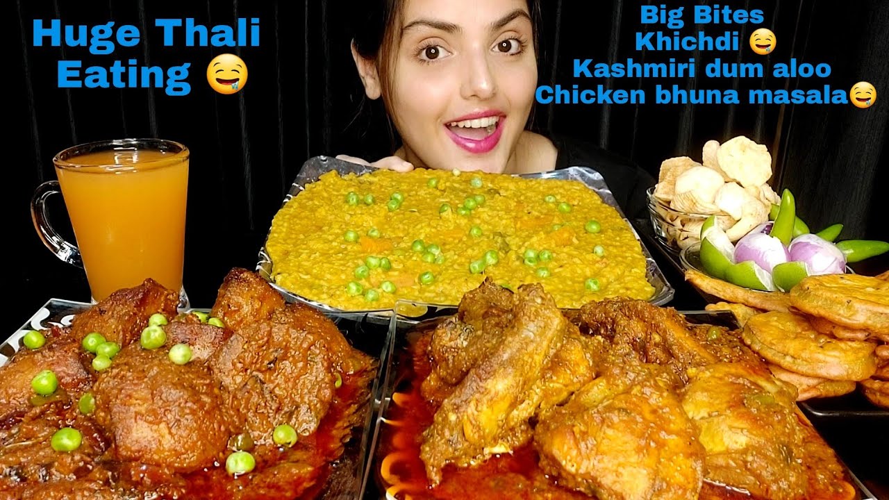 ASMR:Eating Khichdi❤ Kashmiri Dum Aloo | Spicy Chicken Bhuna| Pakode  | Mukbang | Big Bites😯 Eating