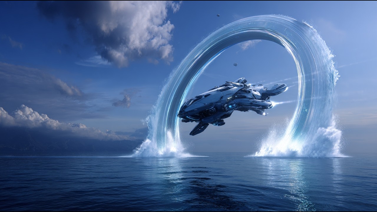 A port town of the future. Ocean and spaceship