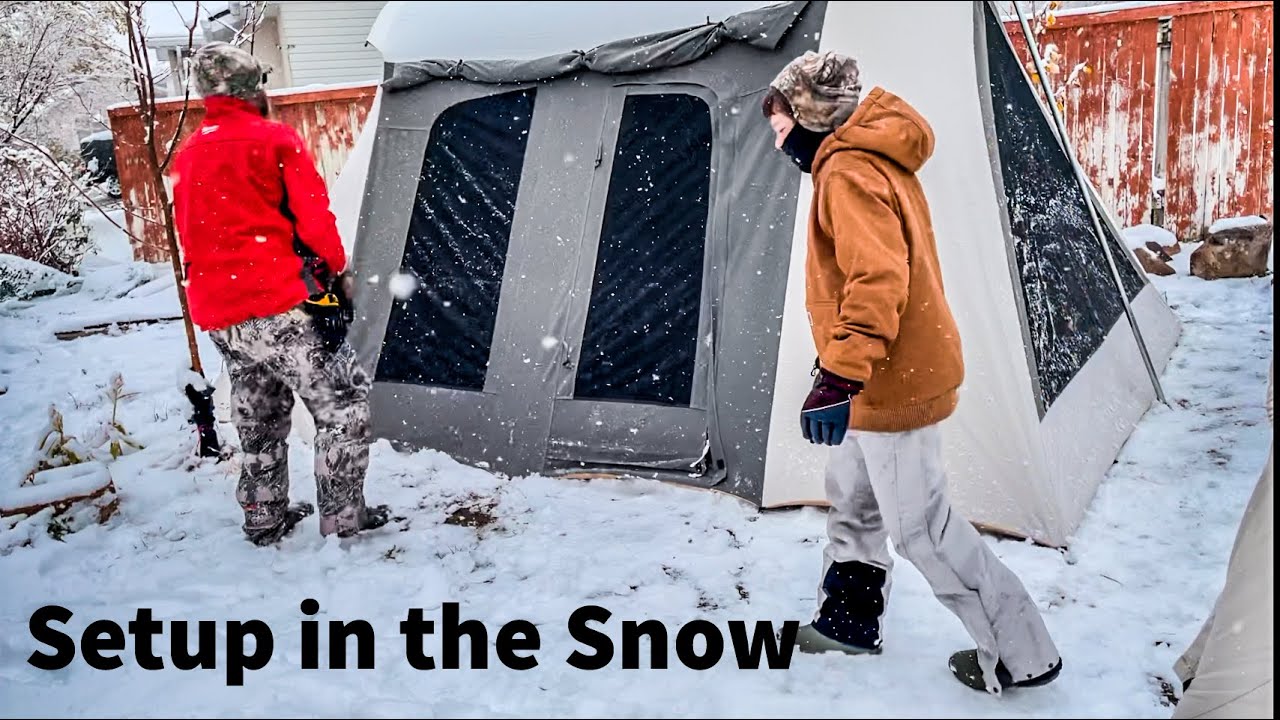 Kodiak Canvas Tent Winter Camping Setup while Snowing
