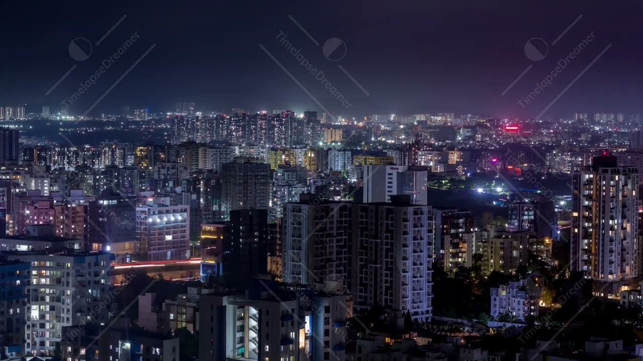 Panoramic View of City Skyline and Day to Night time lapse of city of Pune, Maharashtra, India