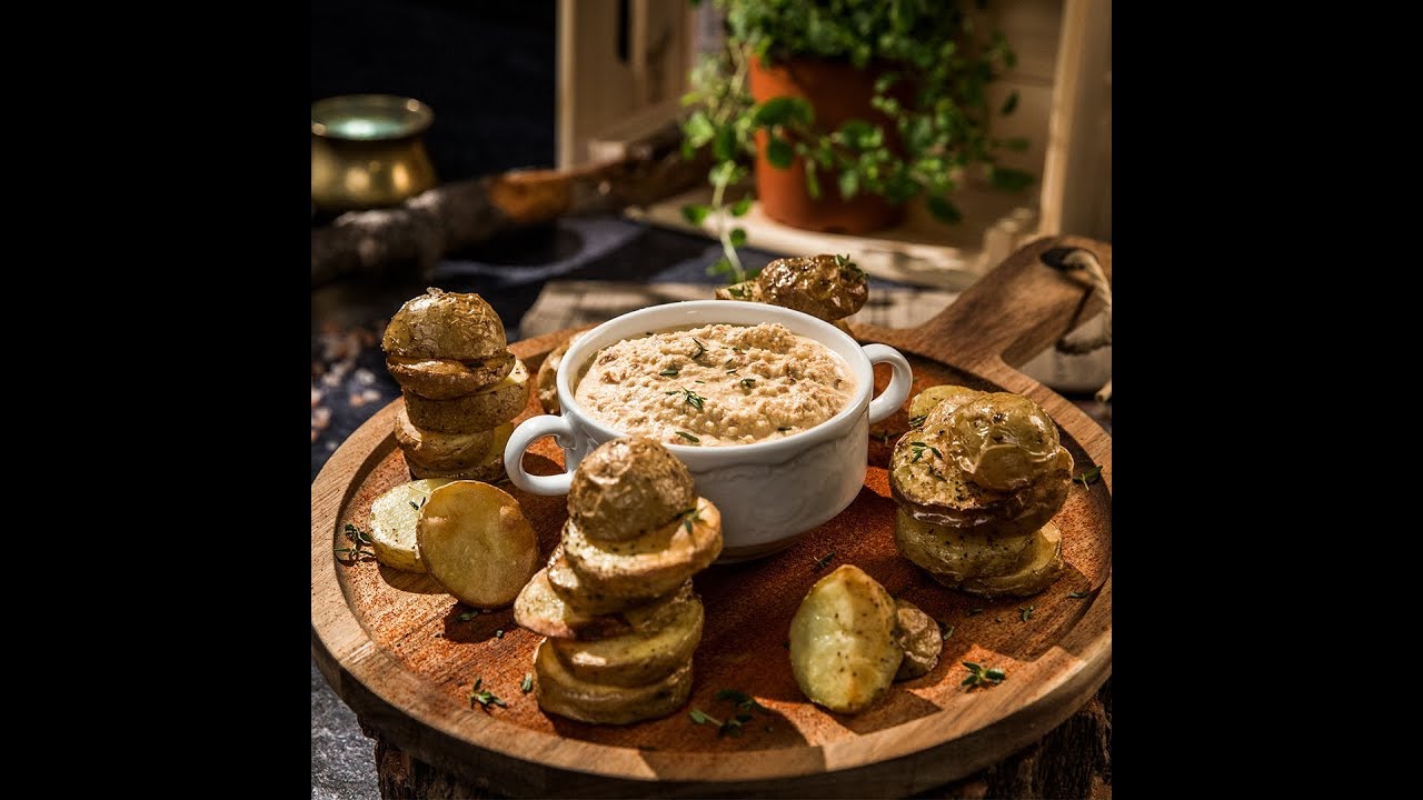 Baked Potato Snack with Hot Almond Dip
