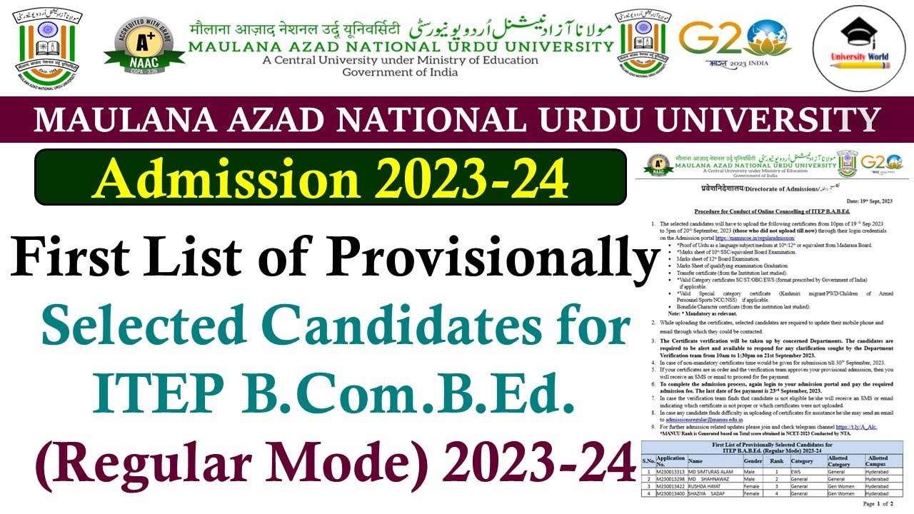Manuu First List of Provisionally Selected Candidates for ITEP B.Com.B.Ed 2023-24 | @UniversityWorld