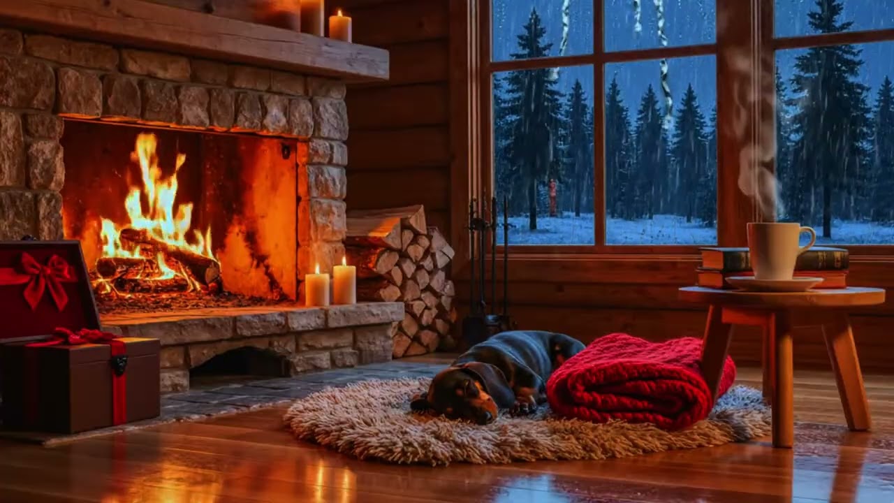 Rainy Night Therapy 🌧️ Warm Cabin & Sleeping Dog by the Fire 🔥
