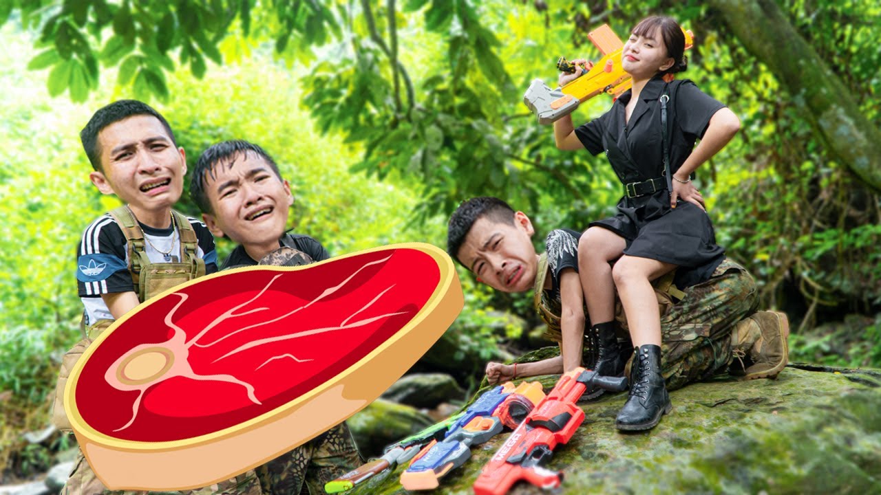 Action Nerf War: Beautiful Girl Nerf Guns Robber Dispute Barbecue Battle In The Forest