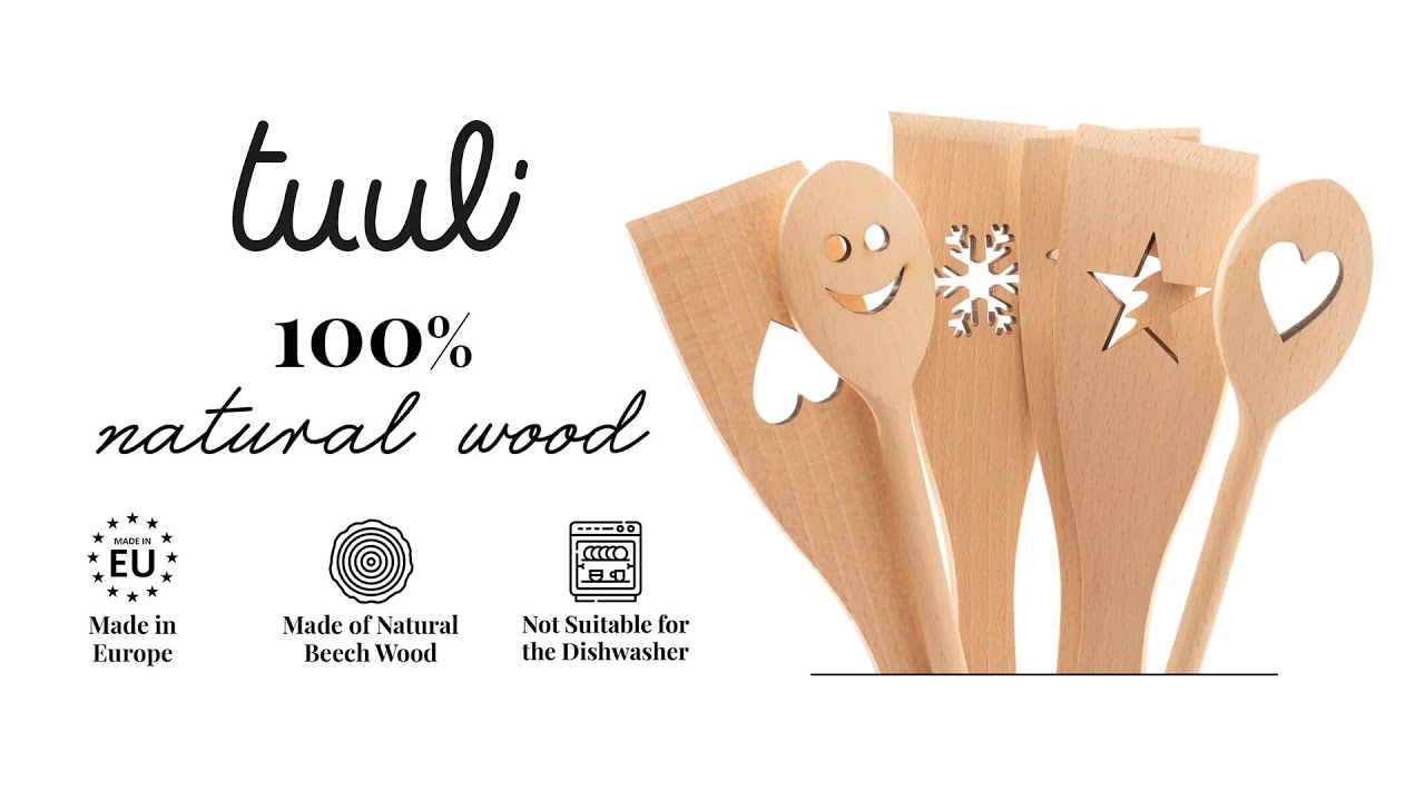 6-Piece Beechwood Kitchen Utensil Set with Motif Details Demo | Tuuli