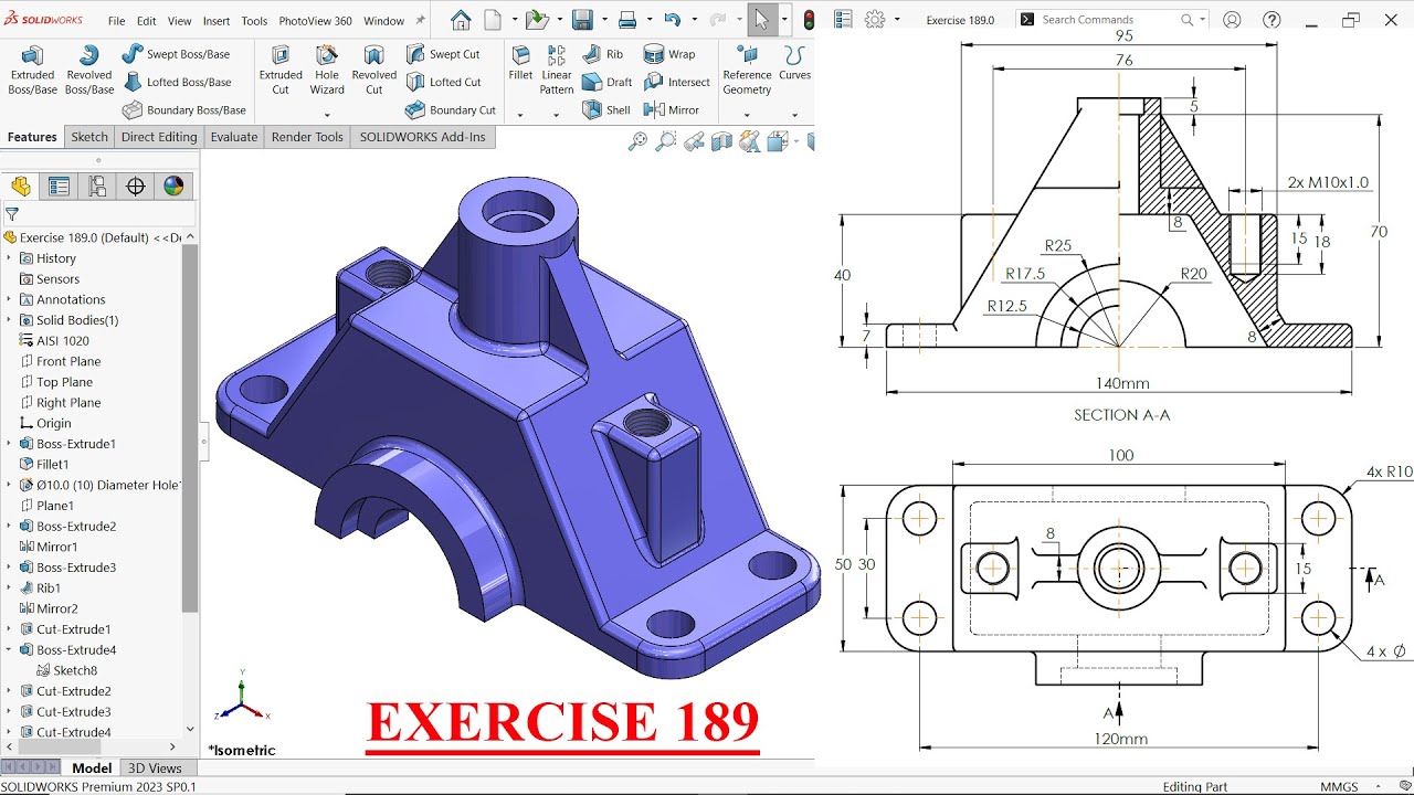 Учебное пособие Solidworks для начинающих. Упражнение 189 (3D-моделирование)