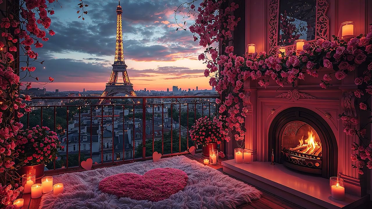 💗 Romantic Paris Sunset Valentine Ambience ✨Cozy Piano Music & Fireplace Sounds for Rest and Comfort