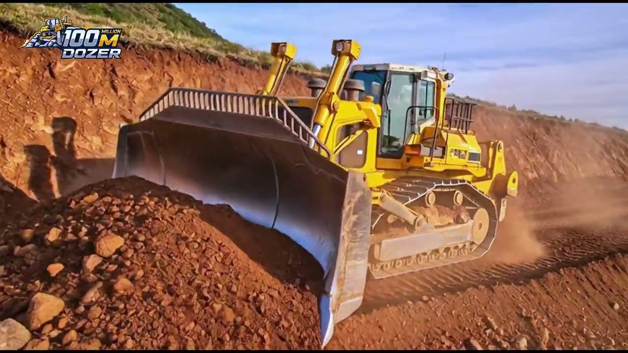 Bulldozer Clearing Massive Rock and Soil on Mountain Road