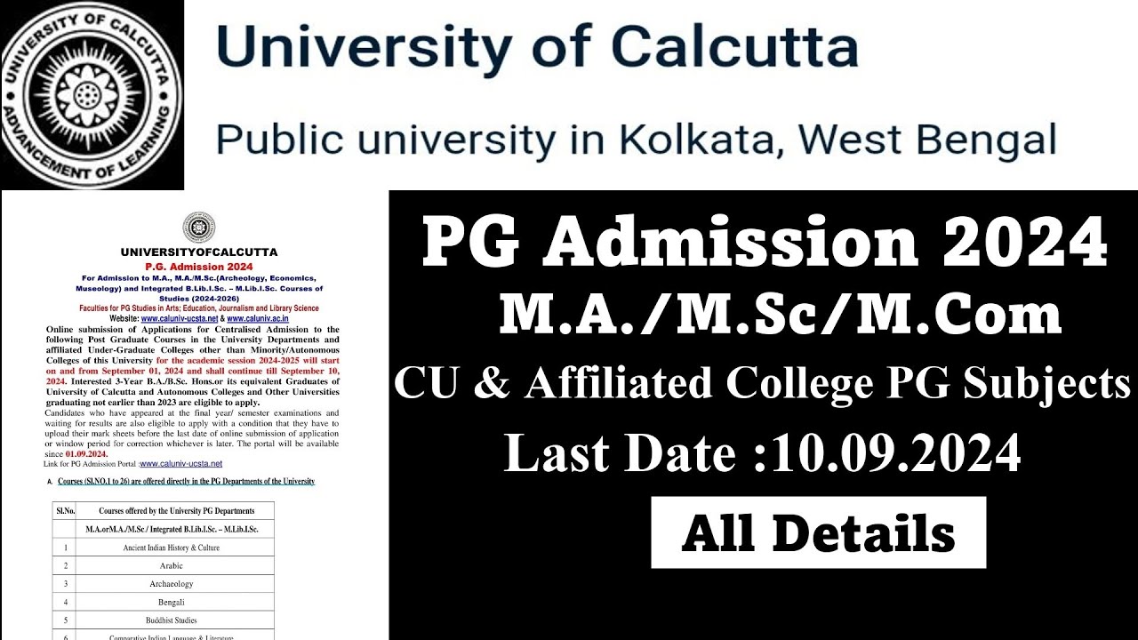 Calcutta University PG Admission 2024 : MA / MSc / MCom & Other Course // Ongoing PG Admission 2024