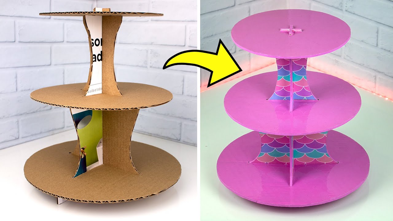 Como fazer Suporte para Doces com papelão ♻️ Bandeja / base de 3 andares para bolos e Cupcake 🍮