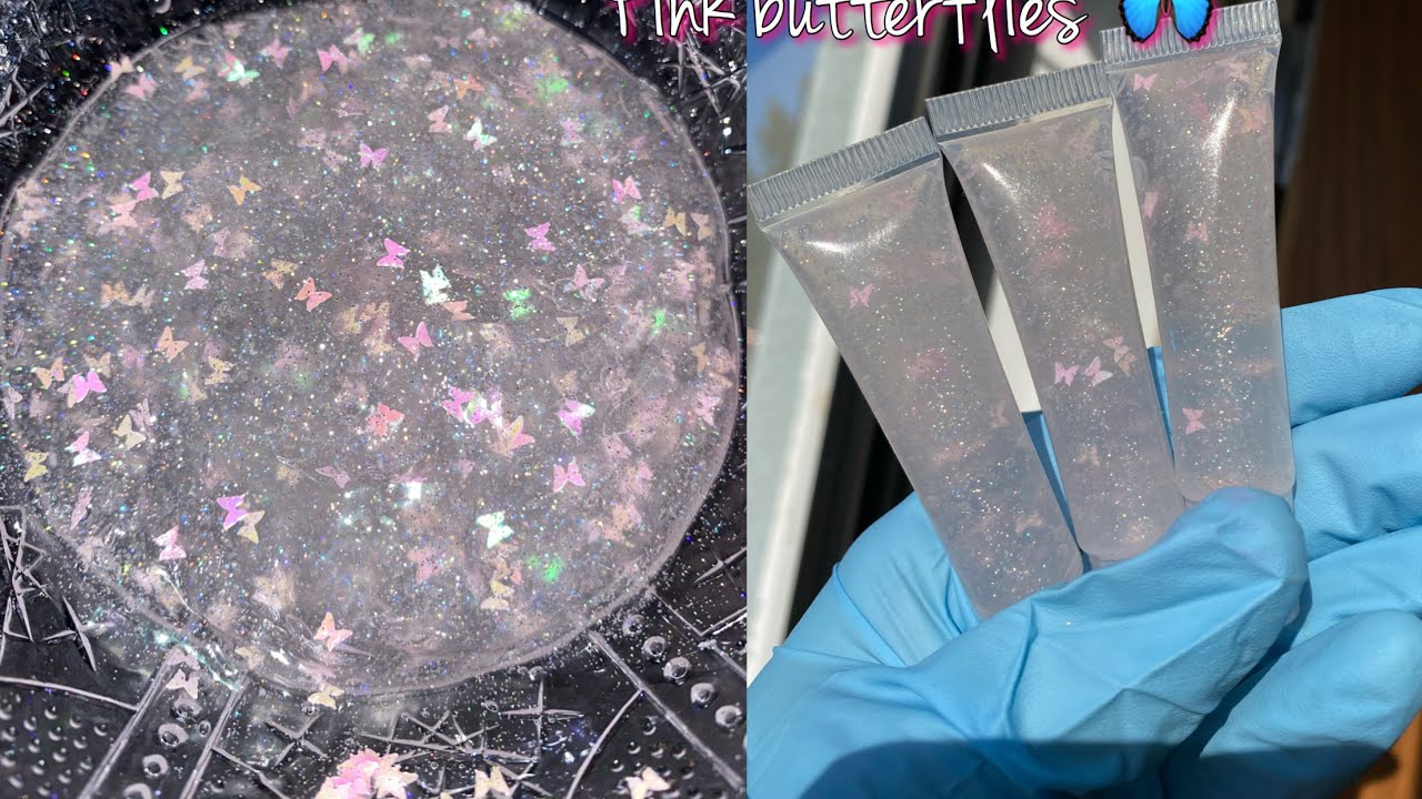 CLEAR GLITTER PINK BUTTERFLIES LIPGLOSS 🦋💋🛍