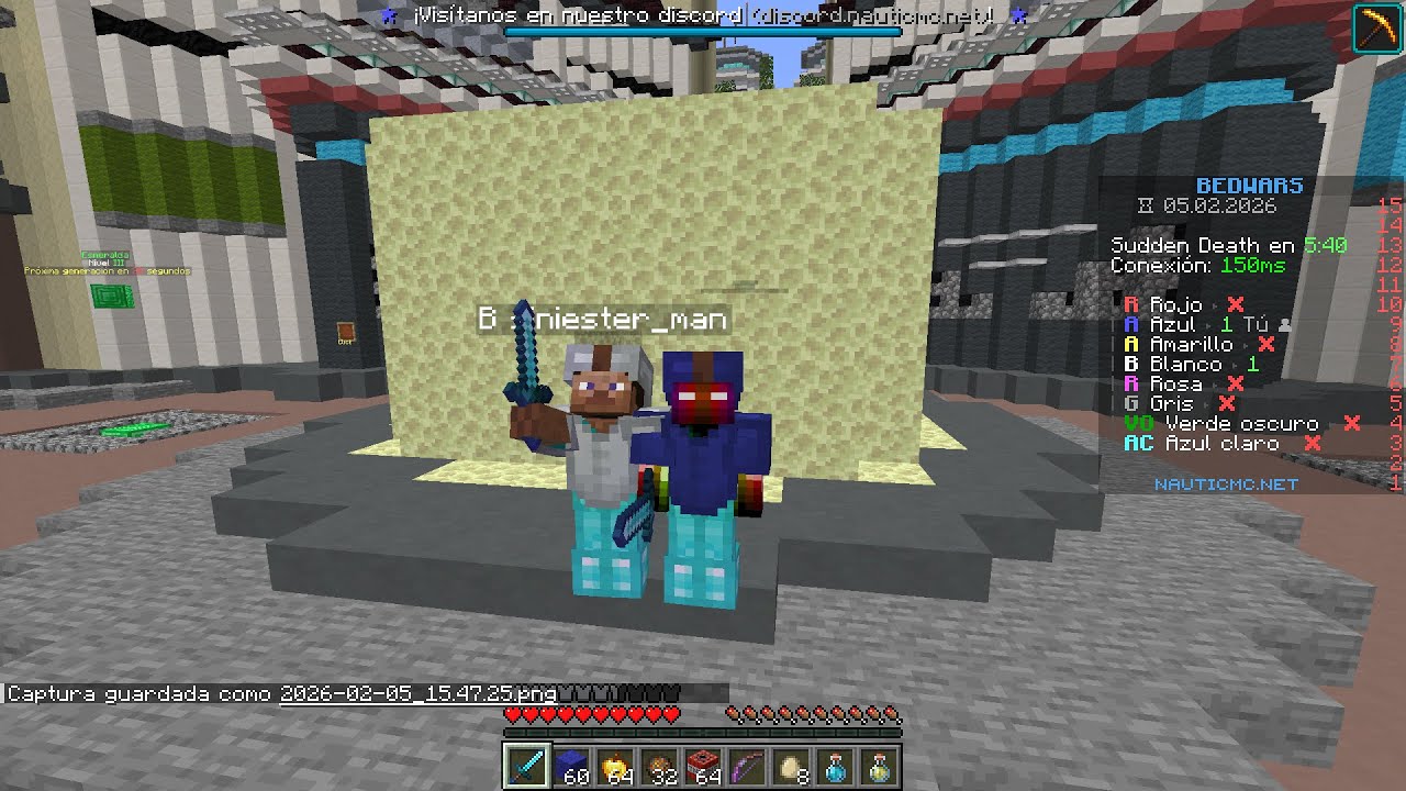 Jugando bedwars de NauticMc con mi amigos siniester_man (reto de la partida mas larga) parte 1