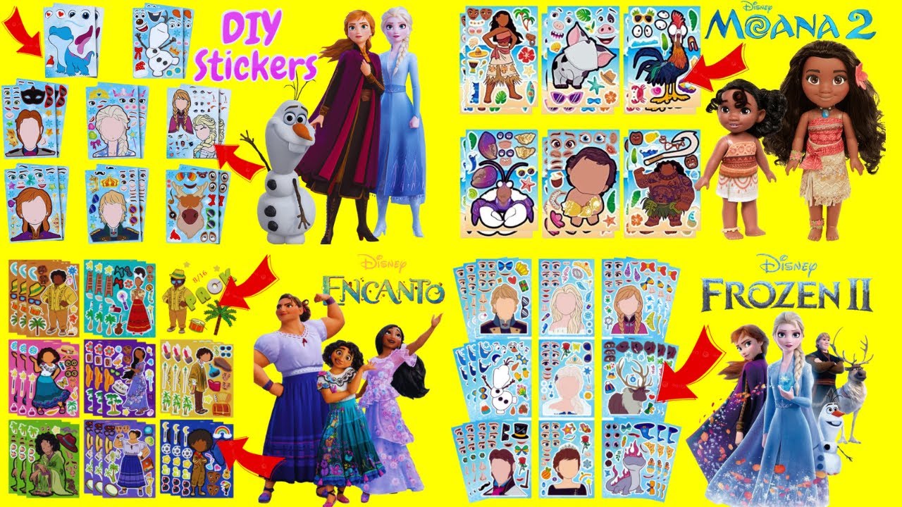 Disney Characters DIY Make a Face Stickers Activity Compilation with Frozen, Encanto, Moana