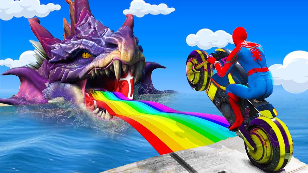 🏍️ تحدي السقوط الحر مع سوبرمان من أطول مبنى! RAINBOW SPIDER MAN! on Motorcycle in Spiral Bridge