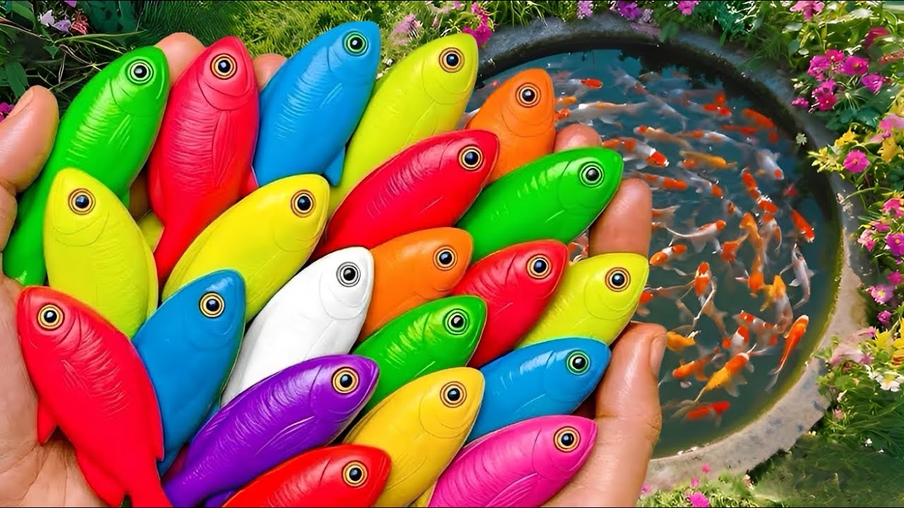 Catching beautiful aquarium fish, Nemo, clownfish, lionhead fish, baby turtles in the garden.