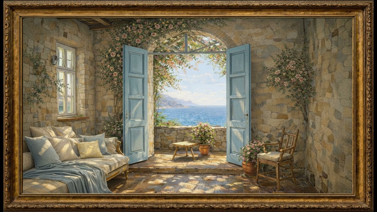 Mediterranean Interior with Sea View | Gold Frame TV Art Screensaver for TV | No Music