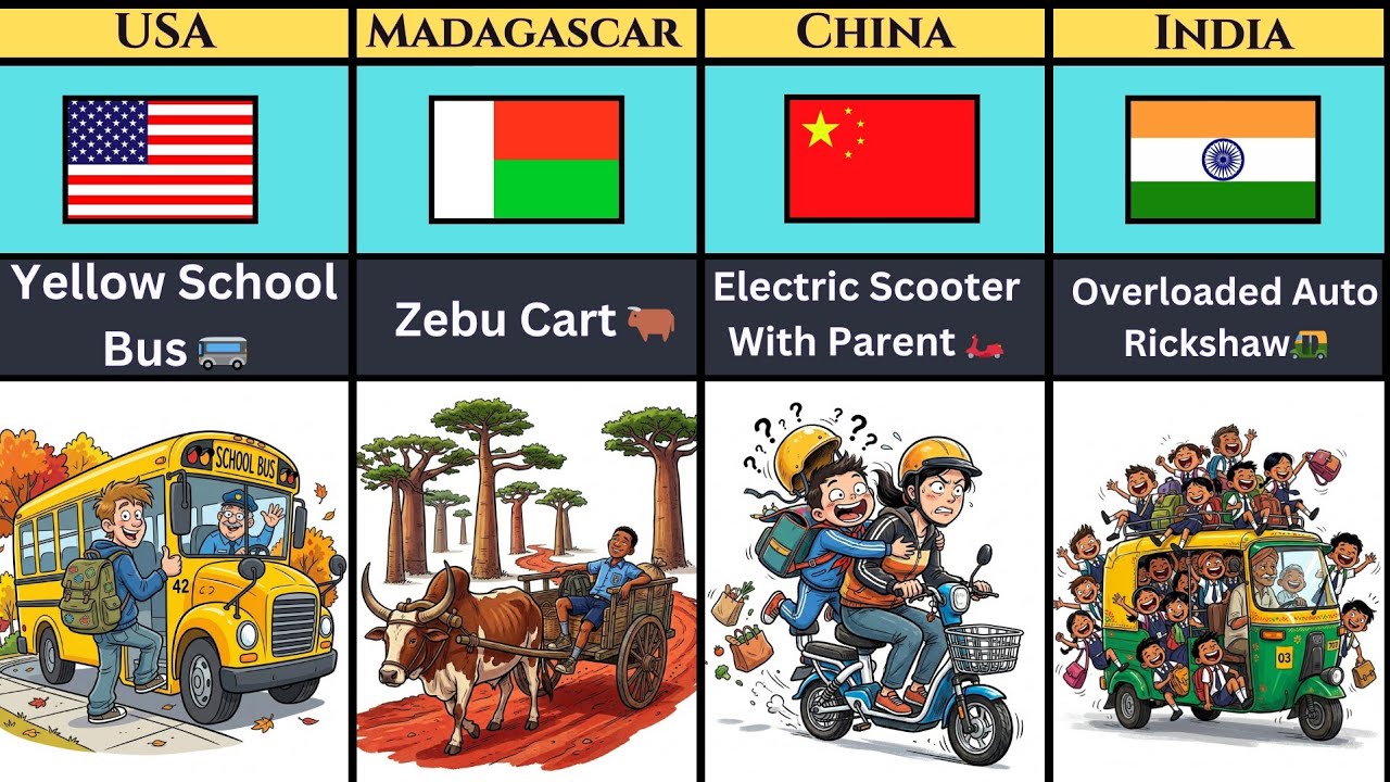 How Students Travel To School Around The World &mdash; 40 Countries Side By Side Comparison 🌍