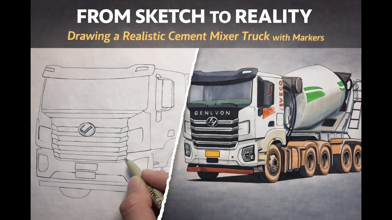 From Sketch to Reality  How to Draw a Realistic Cement Mixer Truck with Marker