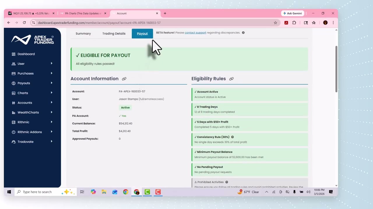 $4000 Apex Payout Request on New Dashboard
