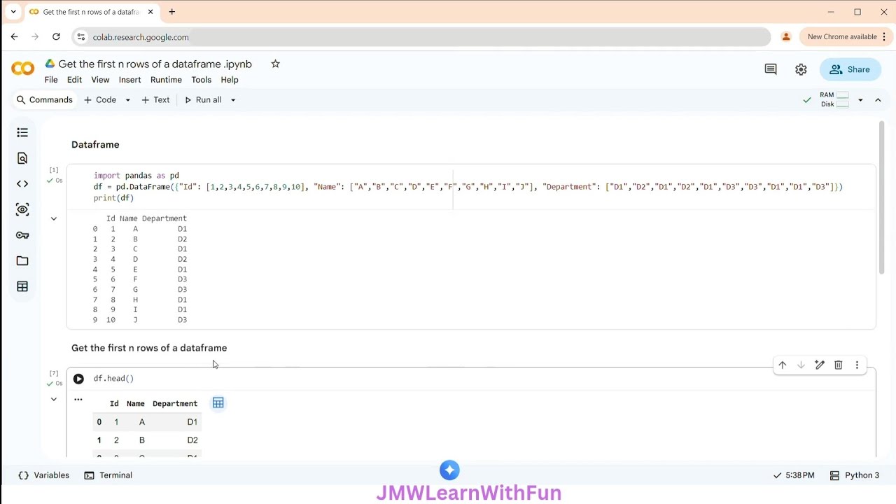 Get the first n rows of a Dataframe in Google Colab