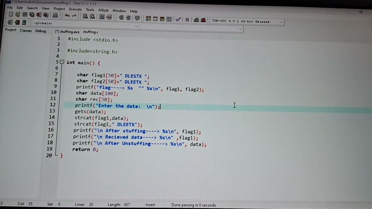 Character stuffing and destuffing in C