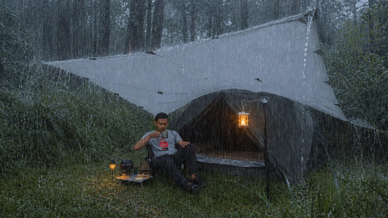 AMAZING ‼️ SOLO CAMPING IN VERY HEAVY RAIN ⛈️ RELAXING IN THE RAIN - ASMR