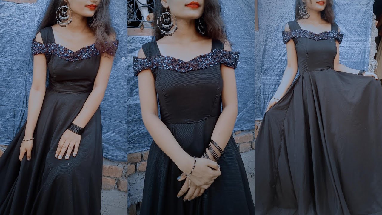 party wear dress cold shoulder gown /cutting and stitching/party wear princess gown