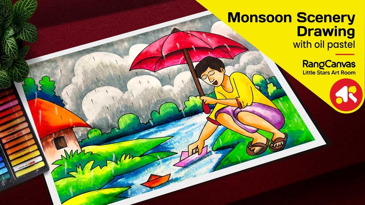 Monsoon drawing oil pastel | Monsoon scenery drawing | Monsoon drawing | Rainy Season drawing