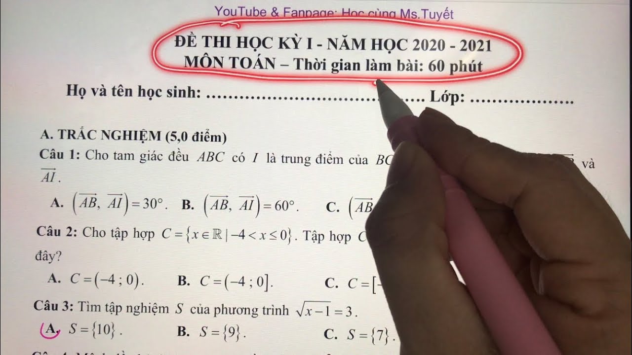 Đề 1 - Toán 10 - Giải Đề Thi Cuối Học Kỳ 1 môn Toán lớp 10