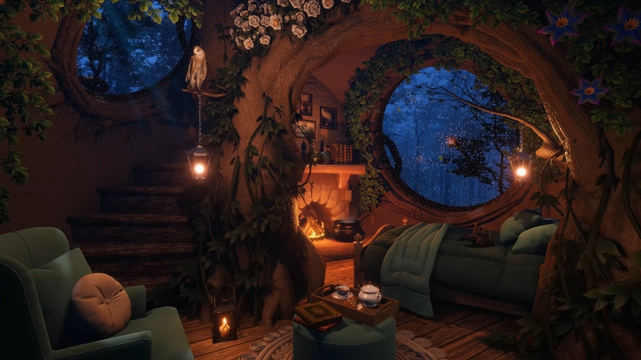 Cozy Treehouse Interior | Fantasy Forest Night Ambience | Fireplace, Rain & Nature Sounds