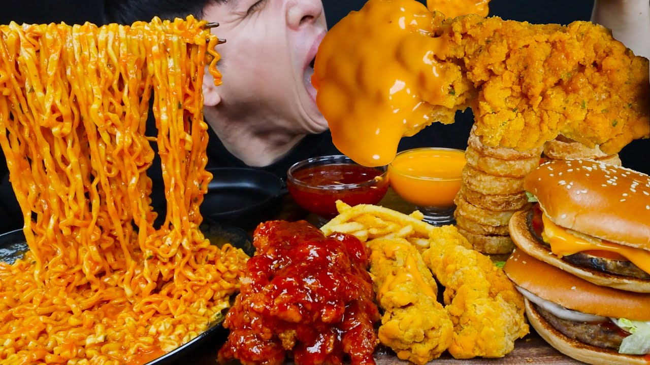 ASMR 까르보불닭 & KFC 갓양념통다리 & 트러플치르르통다리 & 버거킹 치즈와퍼 & 어니언링 먹방 CARBO FIRE NOODLES & KFC CHICKEN MUKBANG
