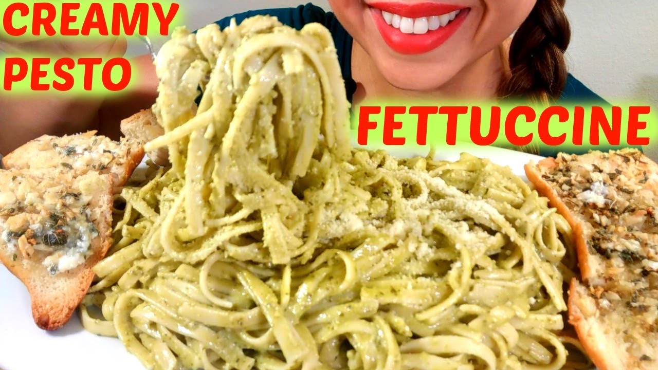 *No Talking* ASMR Creamy Pesto Fettuccine Mukbang 먹방 *BIG BITES* Garlic Bread suellASMR